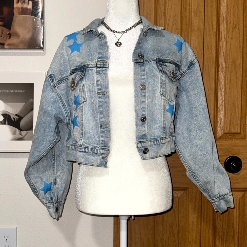 Juicy Couture Denim Jacket Girl's Large Blue Star Stretch Cropped Button Front